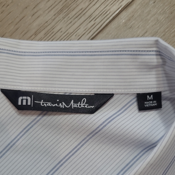 Travis Mathew Shirt Men's sz M White/Blue Striped Short Sleeve Button Up Golf - Picture 5 of 11